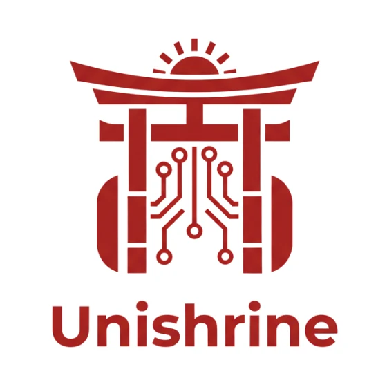Unishrine logo: a gate with a rising sun above it and circuit lines inside