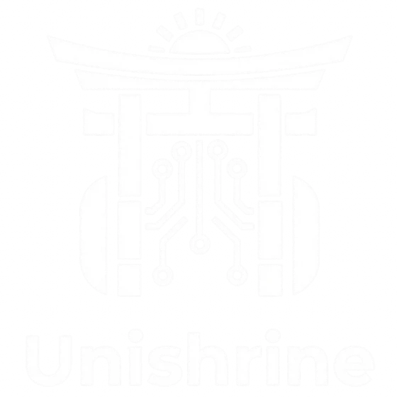 Unishrine logo: a gate with a rising sun above it and circuit lines inside